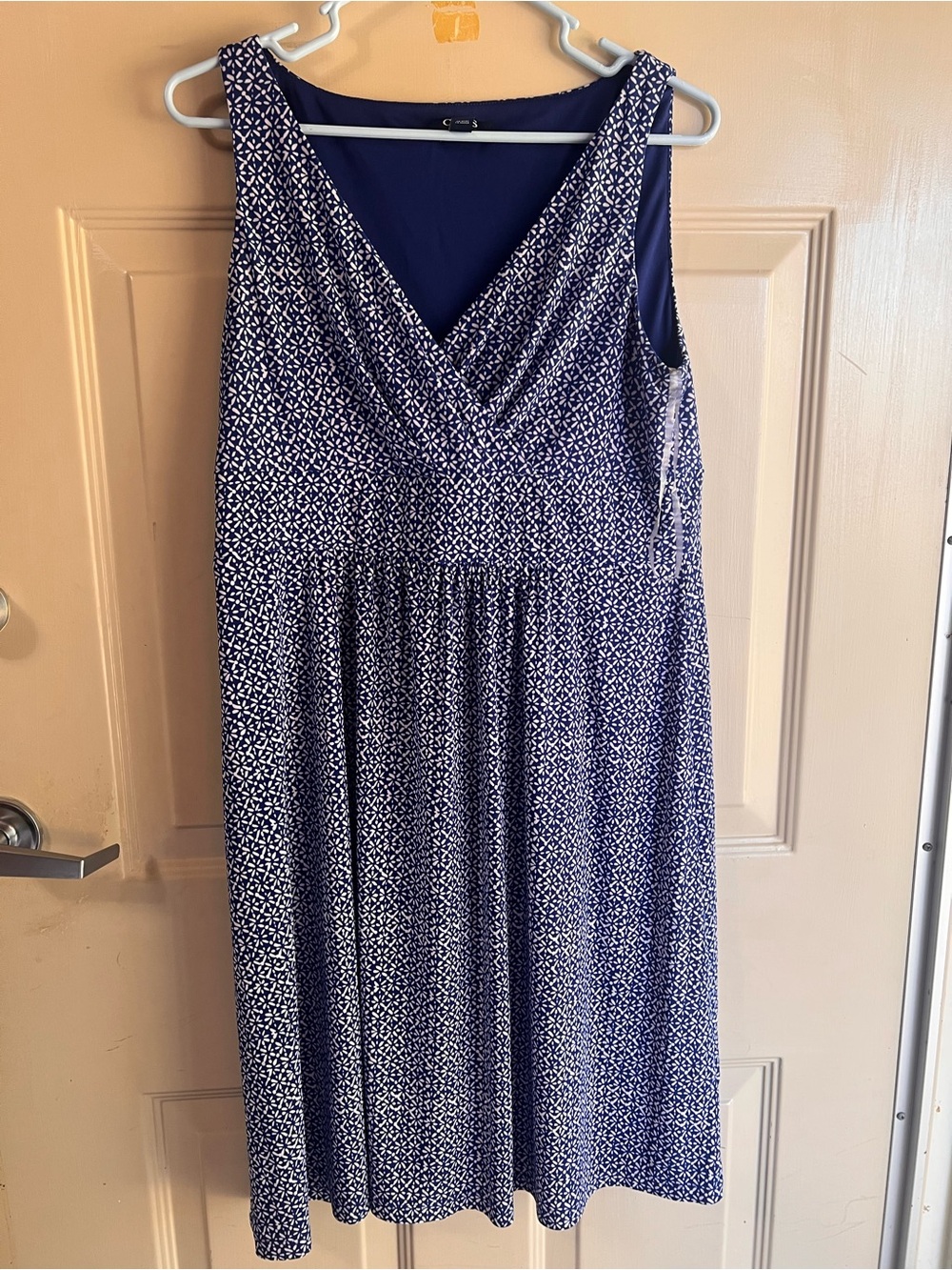 Chaps navy blue and white geometric floral surplice midi dress